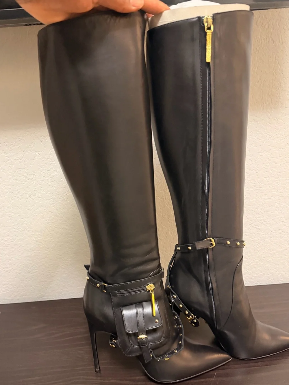 Kendall Mill Black Tall Leather Stiletto Boots with Gold Accent
